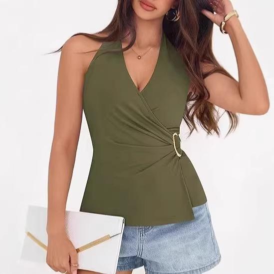 Top da donna con scollo a V senza maniche allacciato al collo, vestibilità aderente, sexy, tinta unita, camicetta a portafoglio per l'estate, uso quotidiano