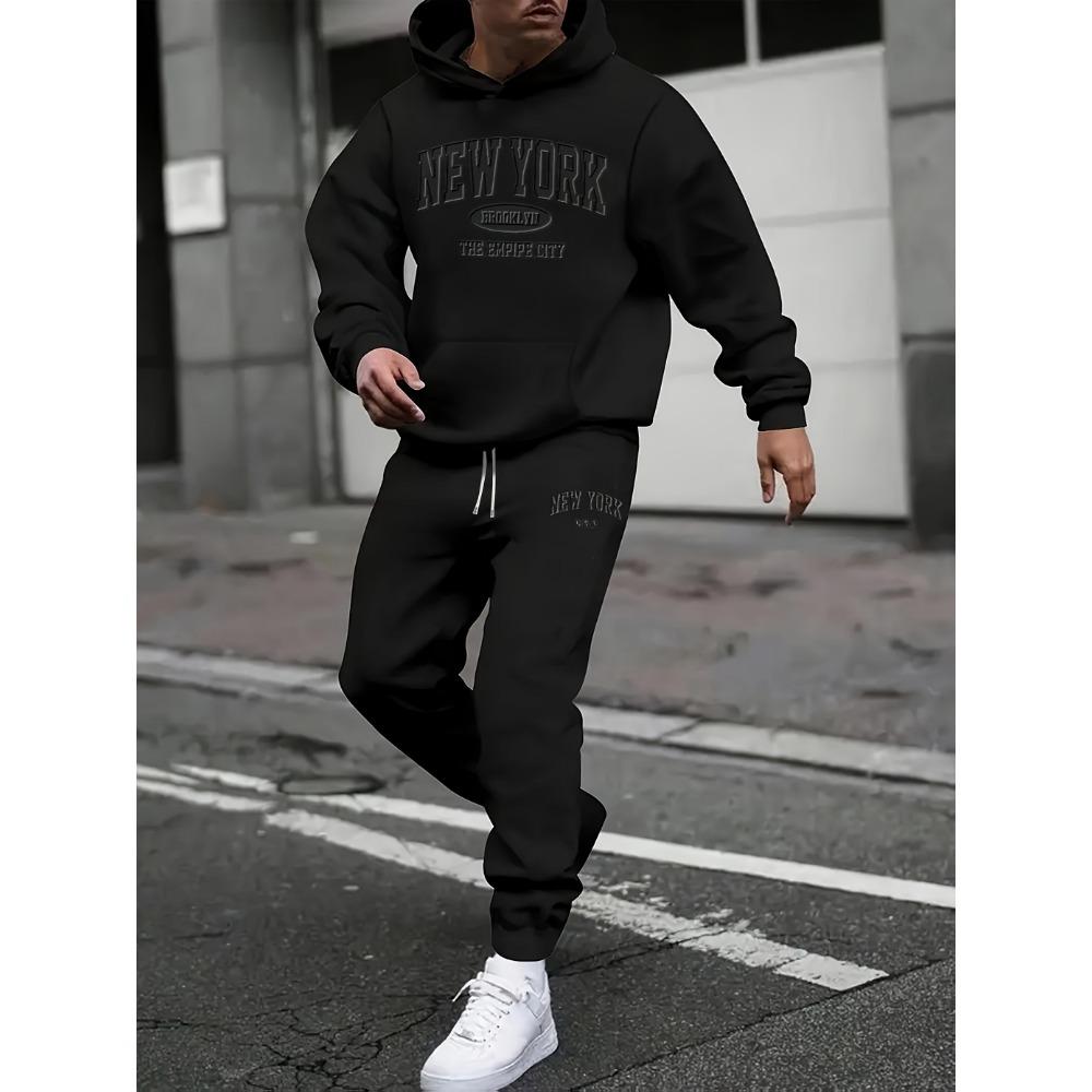 Men's Autumn and Winter Casual Fashion Two-piece Set, Hooded Long Sleeved Sweatshirt and Pants with New York Embossed Print