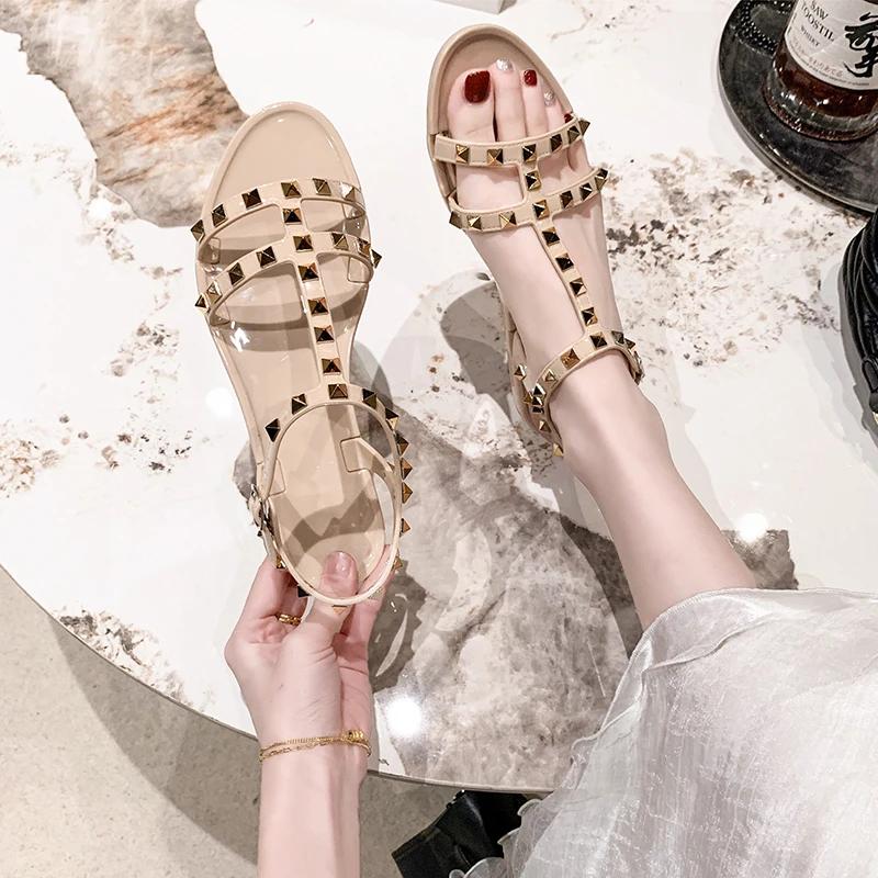 

Fashion Summer Sandals Women Rivet Black White Shoes Sandalias Mujer Verano 2025 Sandals Shoes Slippers Sapatos Femininos 36 бежевый