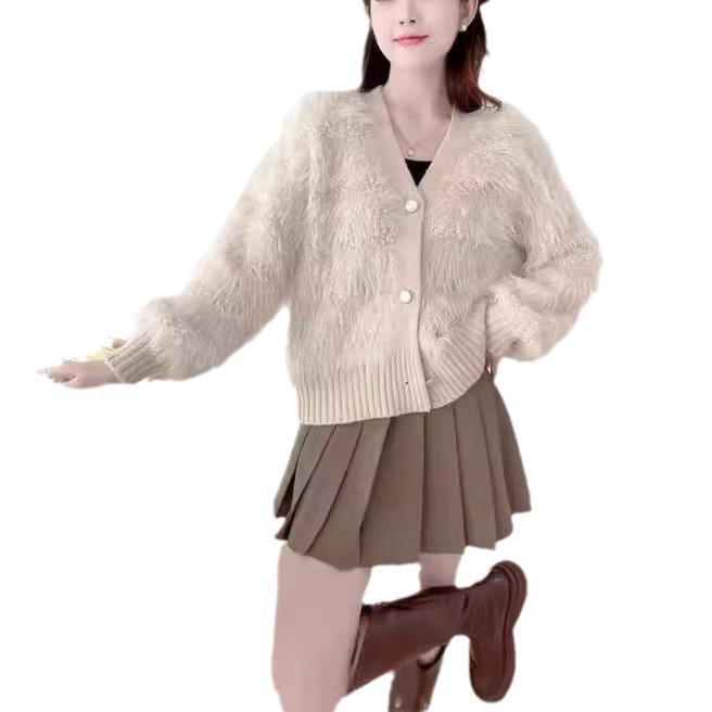 Women's Autumn/Winter Faux Mink Velvet Knit Cardigan - Soft, Glossy, and Cozy Sweater Jacket