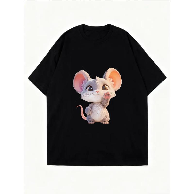 Niedliches Maus-Print T-Shirt Weiß Cartoon Tierdesign für Freizeitkleidung