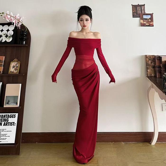 Sexy Spice Girl Wind Tulle Hollow Pure Desire One-word Shoulder Early Autumn New Temperament Hip Wrap Waist Skinny Splicing Long Dress