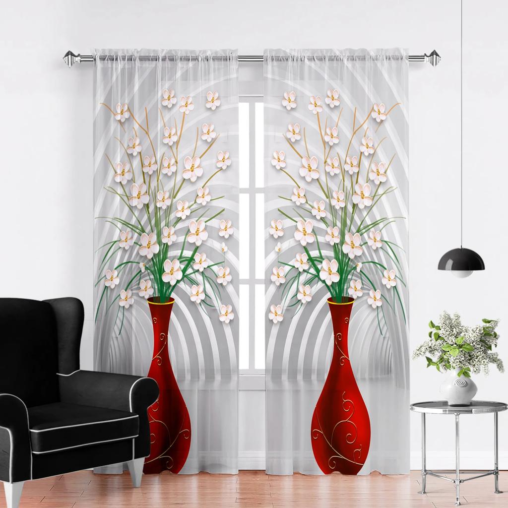 Delicate Vases Floral Curtain Living Room Bedroom Transparent Tulle Chiffon Voile Kitchen Window Curtains Sheer Made Of Polyester Sitting Decor