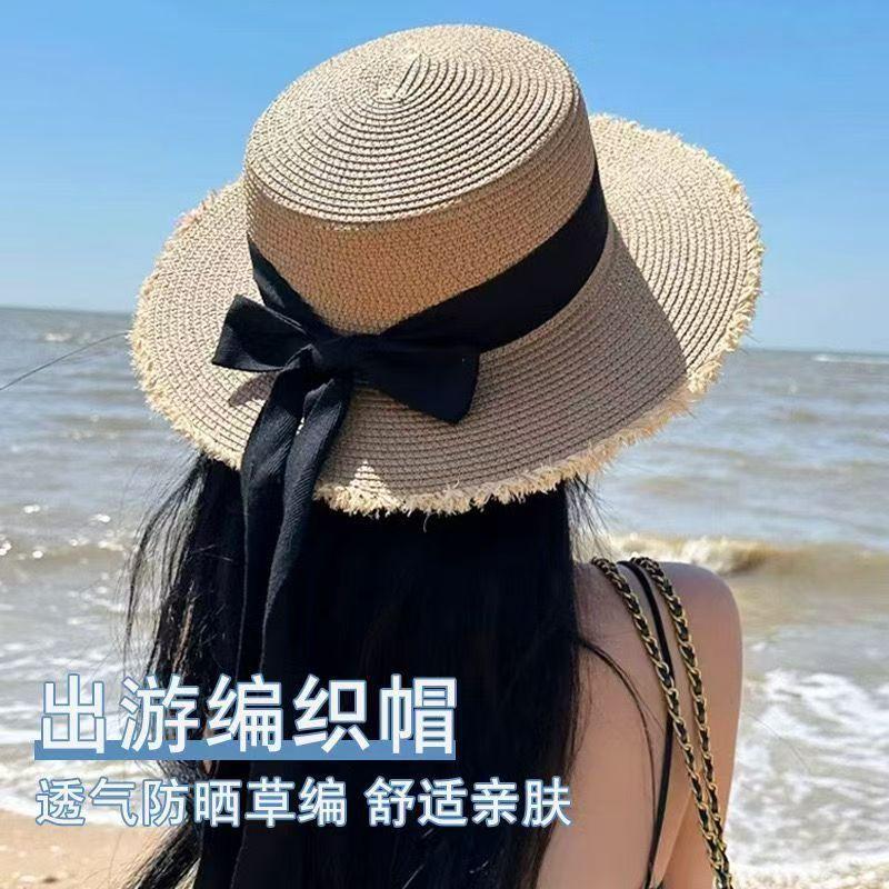 Straw hat seaside beach summer sun hat bow flat top hat sun hat rough edge vacation shade sun protection
