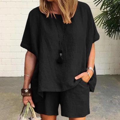 Women's Cotton Linen 2-Piece Outfit Short Sleeve Crewneck Pullover Top And Shorts Set with Pockets Summer Casual Loungewear Tracksuit