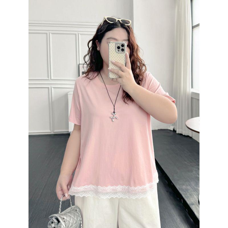 Plus size women clothing [Lace Cool T] Ice Porcelain Cotton Short sleeve T-shirt Chubby Girl Summer 100.00kg Belly Covering Slimming Top