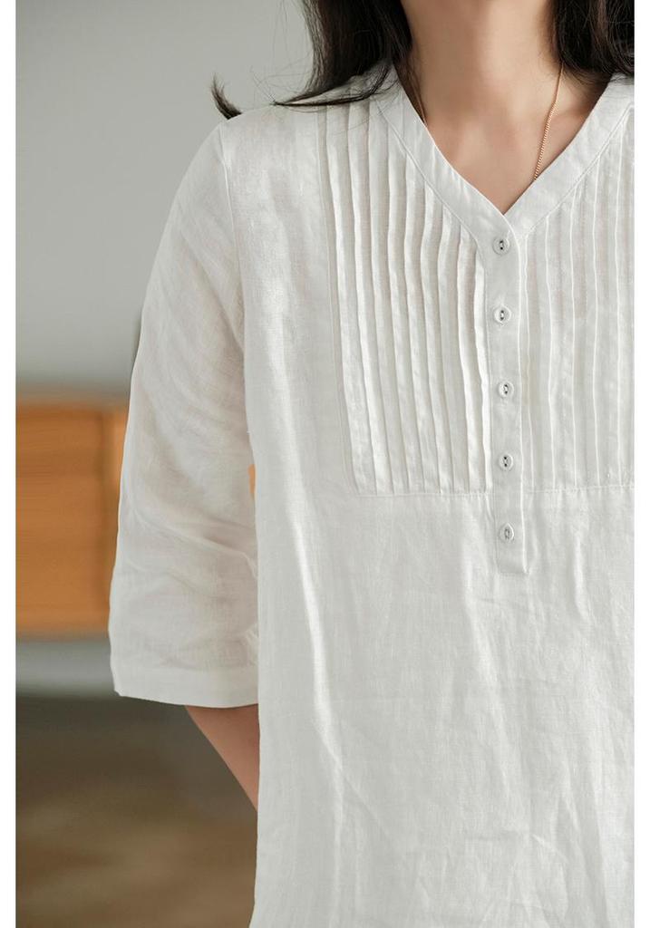 2024 Summer Artistic Loose Patchwork Cotton Linen V-Neck Mid-Length Dress with Five-Point Sleeves