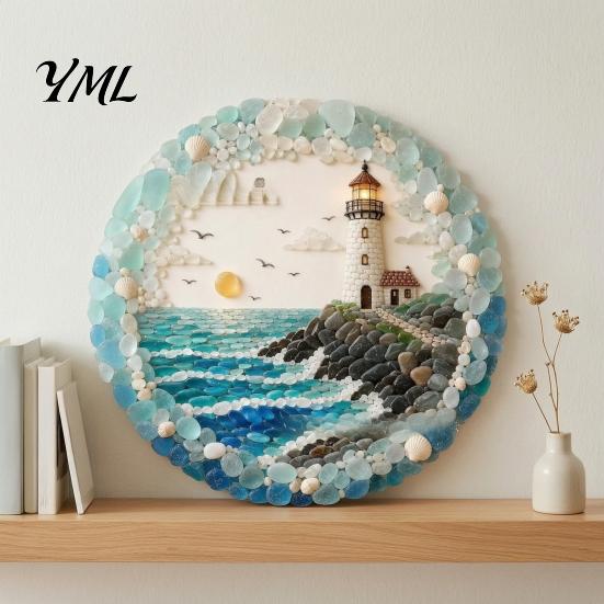 Housewarming Gift for Beach House Lighthouse Sea Glass Art Wall Ornament, Hand Assembled Shells And Tumbled Decorative Ornament Decor, Style