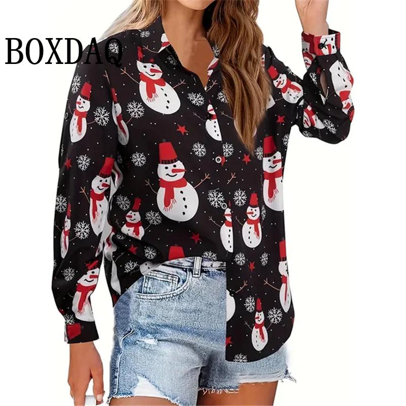 Women's New 3D Christmas Print Long Sleeve Blouses Elegant Lapel Long Sleeve Tops Winter Spring Single-Breasted Basic Shirt