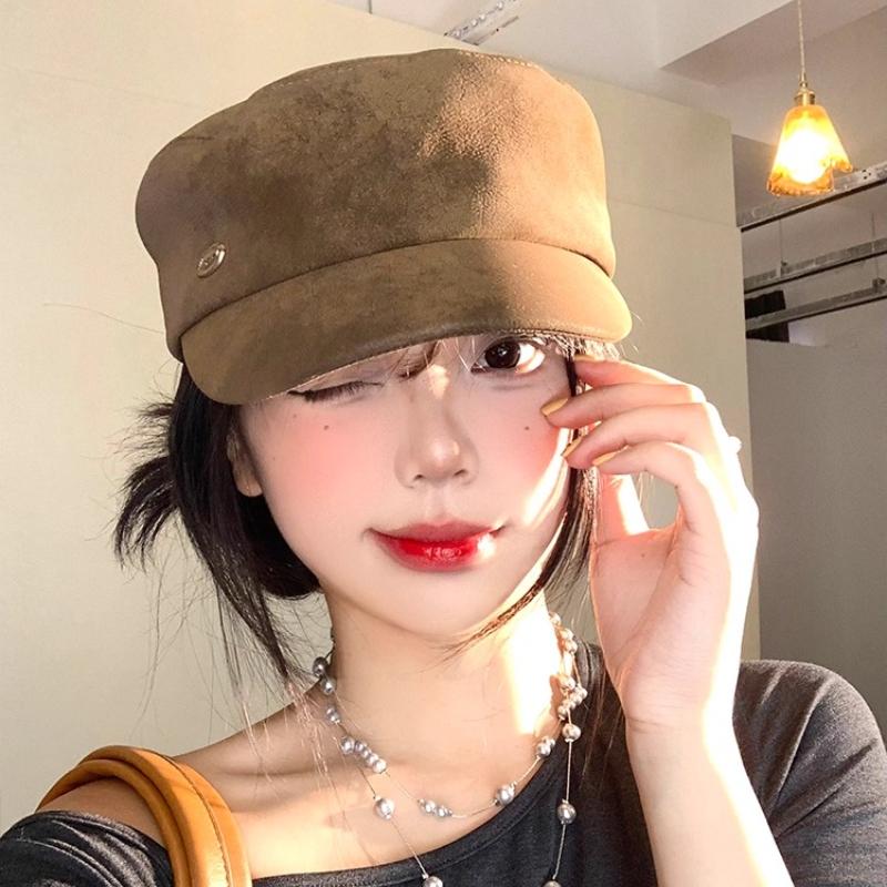 Maillard Brown Suede Flat-top Berets Cap for Women Spring and Autumn Casual Versatile British Style Retro Equestrian Hats Men