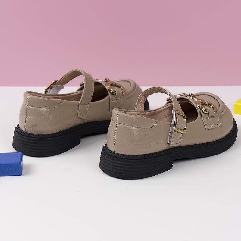 2024 Spring New Girls Leather Shoes Round Toe British Style Retro Metal Buckle Soft Kids Fashion Princess Loafers Shallow Causal