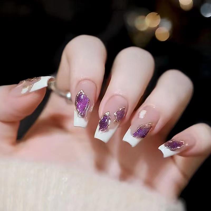 

C496 Translucent Pink French Manicure False Nails with Purple and Gold Foil