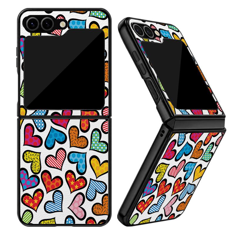 Colorful Leopard Love Heart Case For Samsung Z Flip 8 7 FE 6 5 4 Hybrid Leather Skin Hard PC Bumper Cover For Galaxy Z Flip8 Flip7 Flip6 Flip5