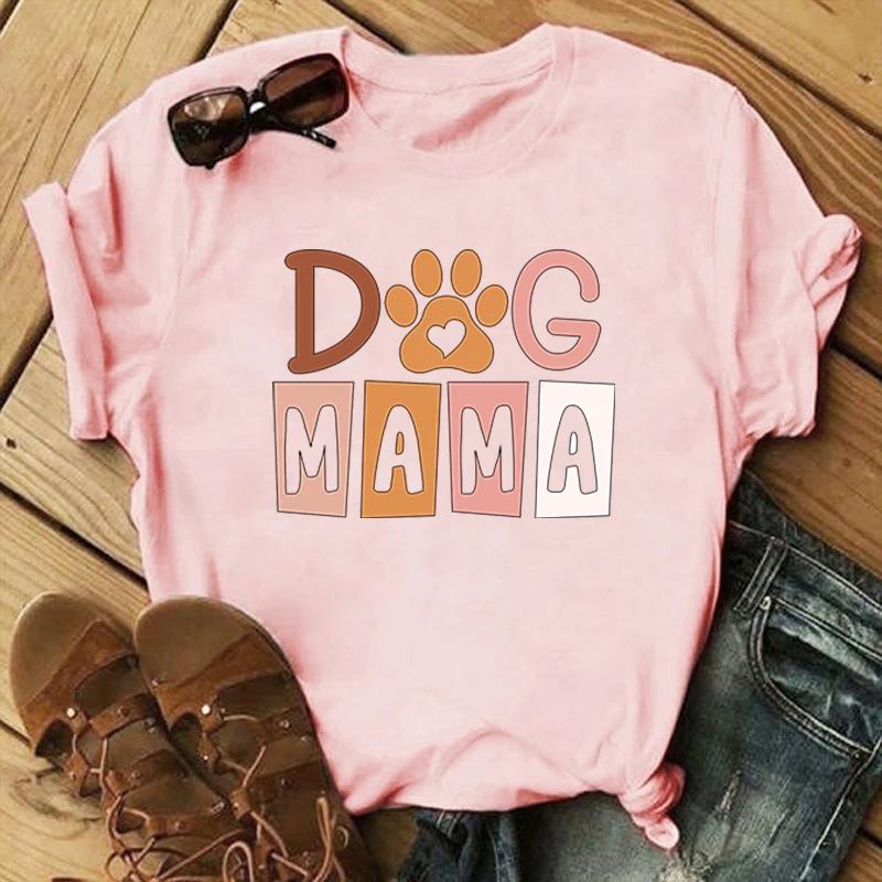 T-Shirt mit Aufdruck „Dog Mama“ für Damen, Rundhalsausschnitt