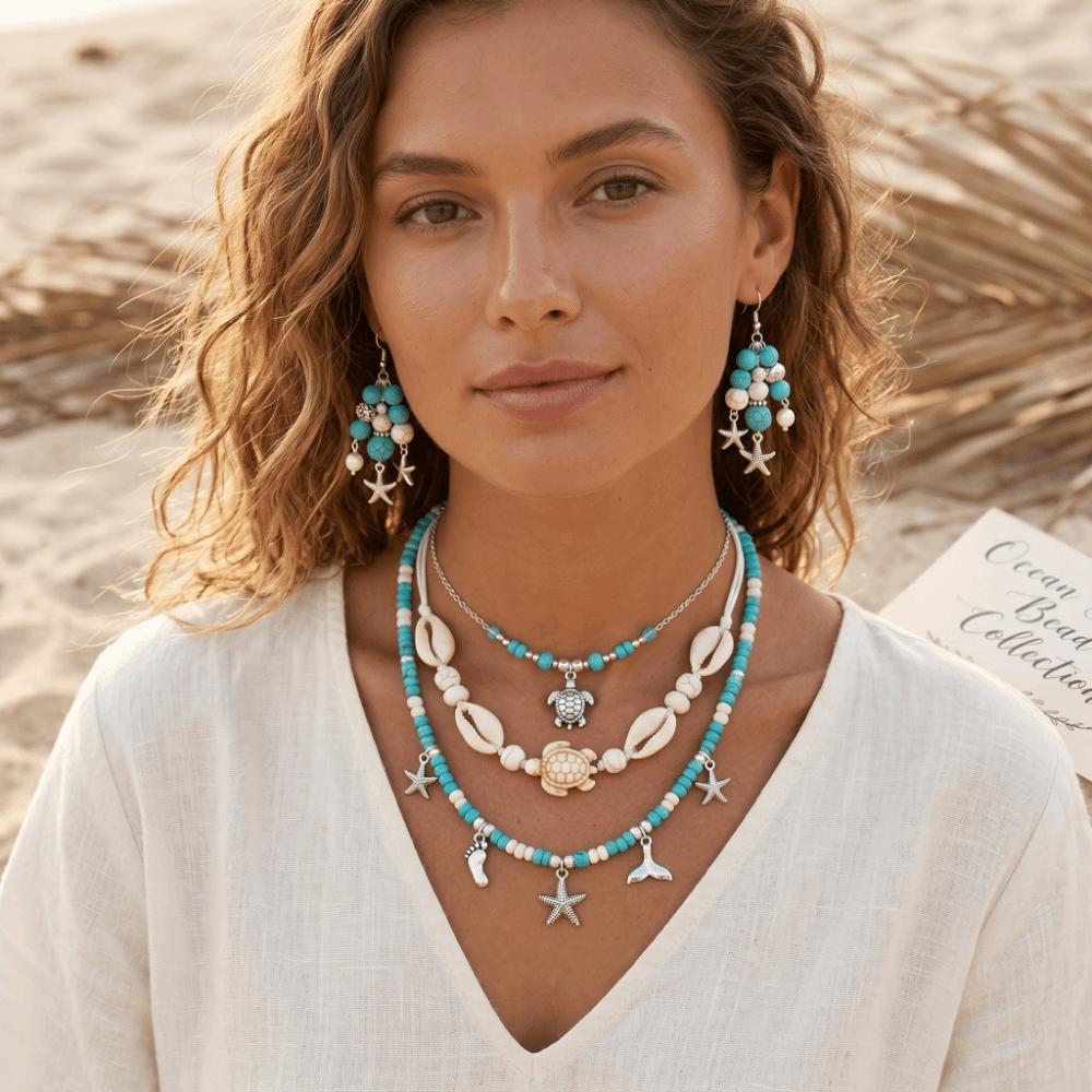Ocean Inspired DIY Jewelry Making Kit Blue Clay Beads Turtle Shells DIY Handmade Beaded Set Ocean Vacation Starfish Charms