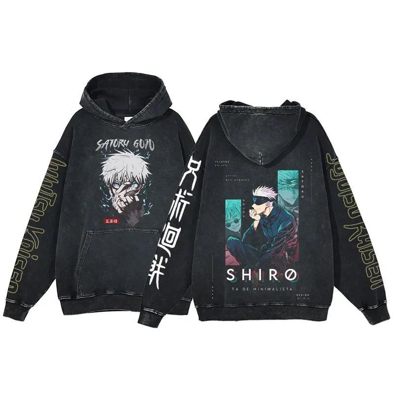 Anime Jujutsu Kaisen Ryomen Sukuna Print Washed Hooded Men Manga Vintage Hoodies Casual Cotton Streetwear Harajuku Sweatshirt