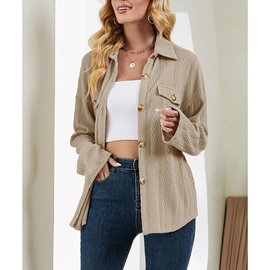 Women's Casual Fashion Solid Color Shirt Lapel Single Breasting Loose Coat