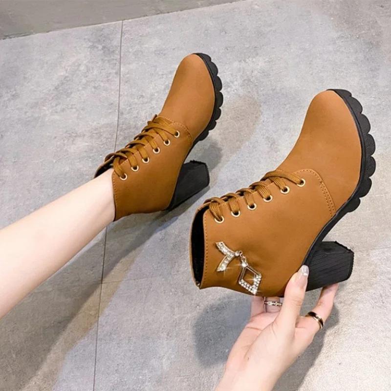 New Spring Winter Women Pumps Boots High Quality Lace-up European Ladies Shoes PU High Heels Boots Fast Delivery