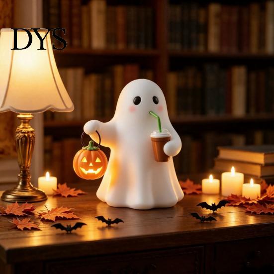 Collectible Ghost Toy Cute Halloween Figurine with Light Up Pumpkin, Resin Night Home Living Room Accents Tabletop Decor, Funny Desktop Ornament