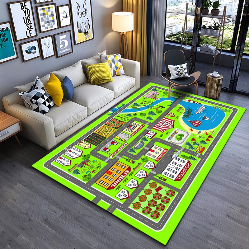 Colorful Town Map with Circus and School Non-slip Rug Suitable for Living Room and Bedroom Sofas.