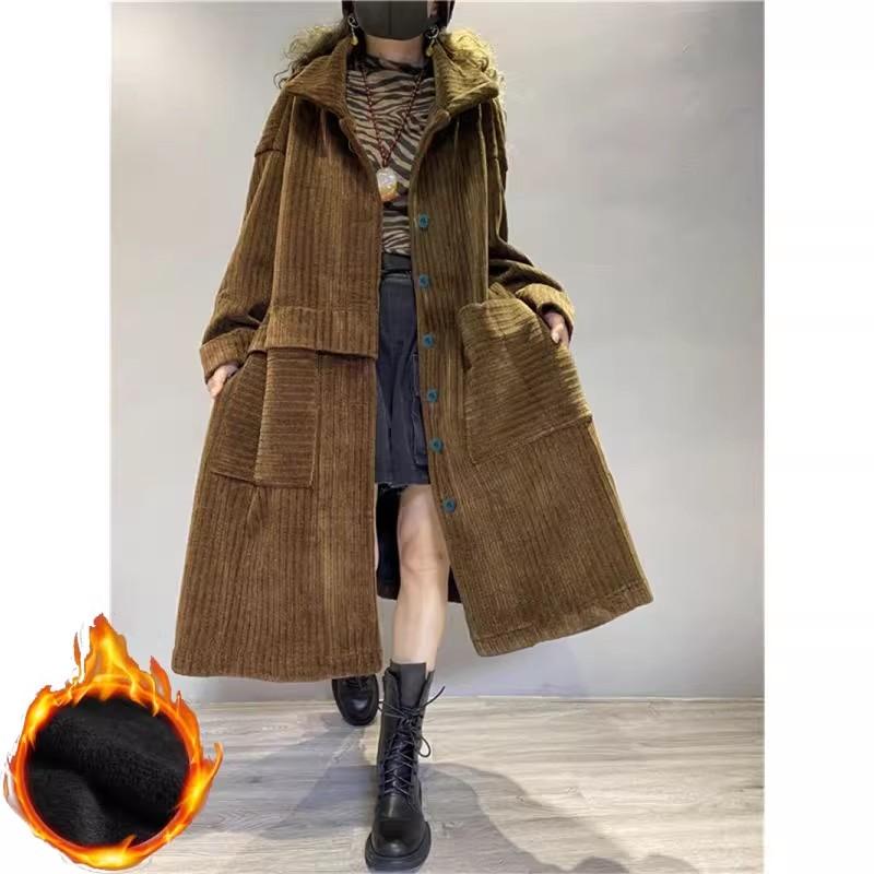 Thickened Fleece Long Corduroy Warm Outerwear Women's Single Button Open Cardigan Windbreaker Autumn Winter Outerwear