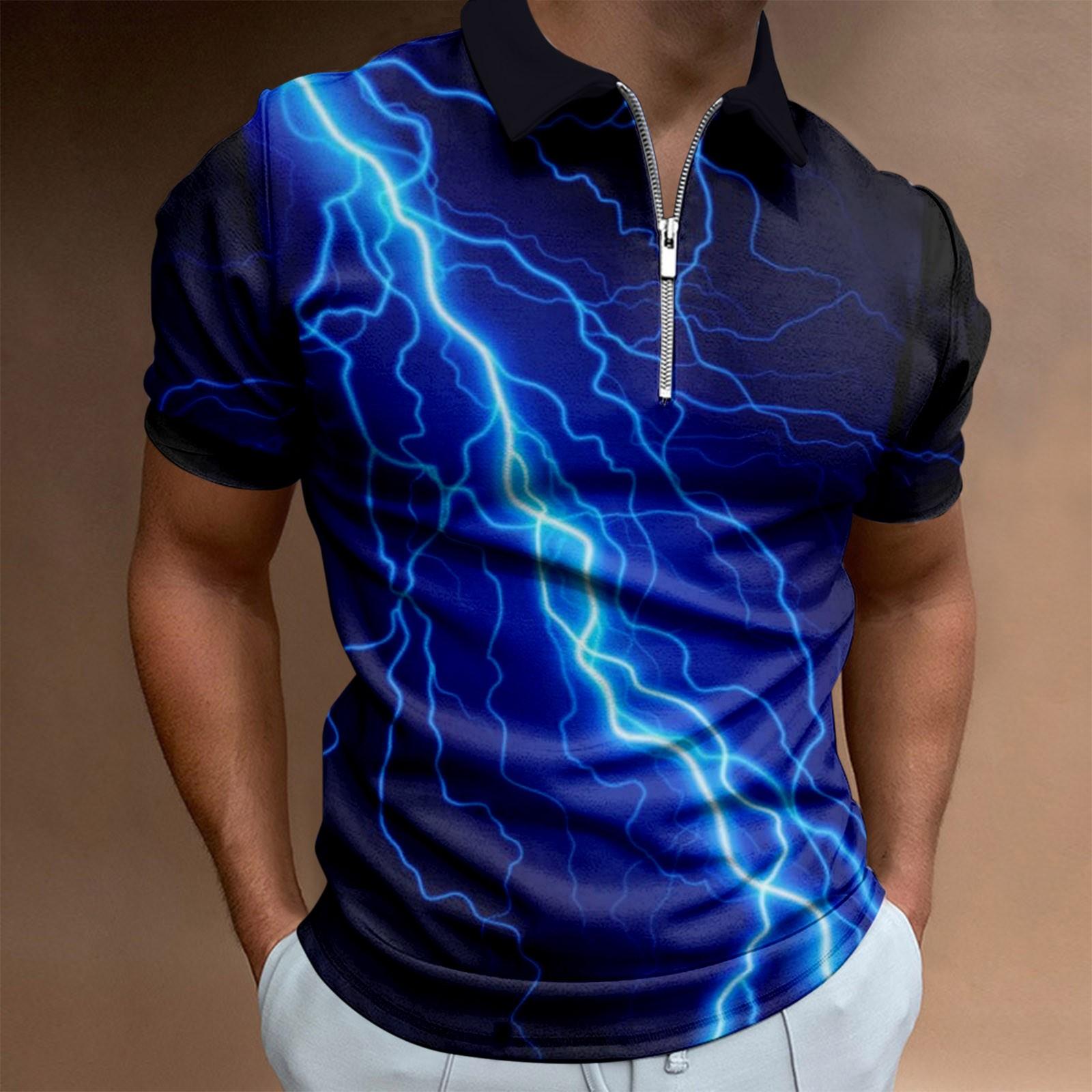 

Рабочая одежда Мужская рубашка с короткими рукавами на молнии с креативной полосой и 3D-печатью M синий