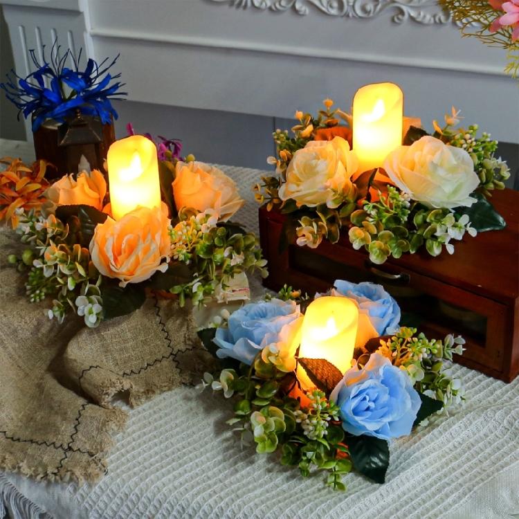 5Pcs Simulated Rose Flower Candlestick Wreath Small Candle Rings Dining Table Centerpieces Decoration Wedding Props
