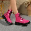 Plus Size Side Zip Kid Heel Booties Fall New Round Toe Lace-Up Front Patent Leather Non-Slip Single Boots