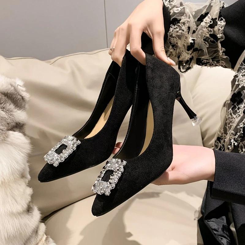 Women's Shoes 2024 Slip on Women's High Heels Fashion Party Pumps Women Crystal Square Button Pointed Toe Thin Heels Shoes Women