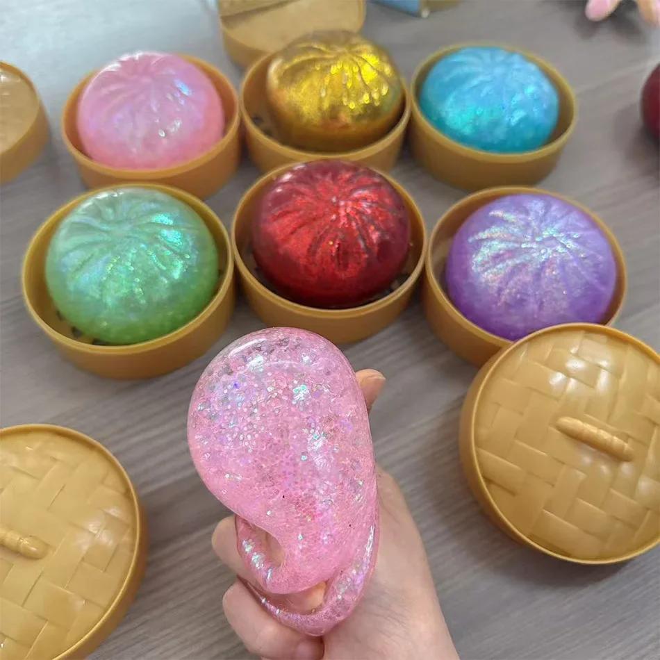 Colorful Glitter Dumpling Squishies Ball Sensory Squeeze Toy Simulation Food Squishies Bun with Steamer Squeeze Dough Ball Gifts