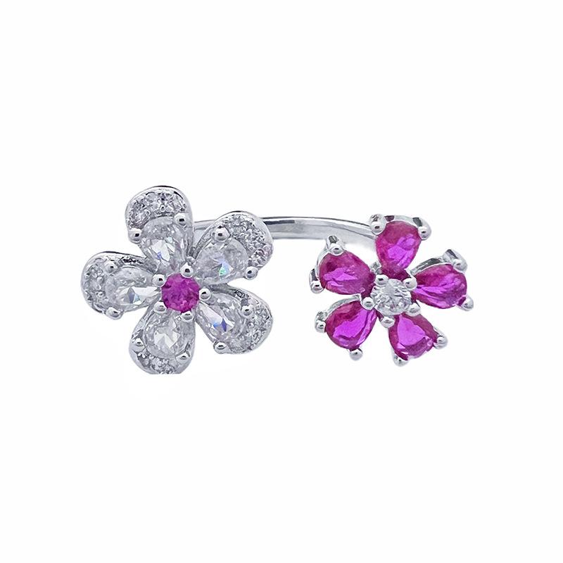 Niche Design Colored Treasure Cherry Blossom Pink Zircon Flower Opening Ring Sweet Princess Wind Stacked Ring