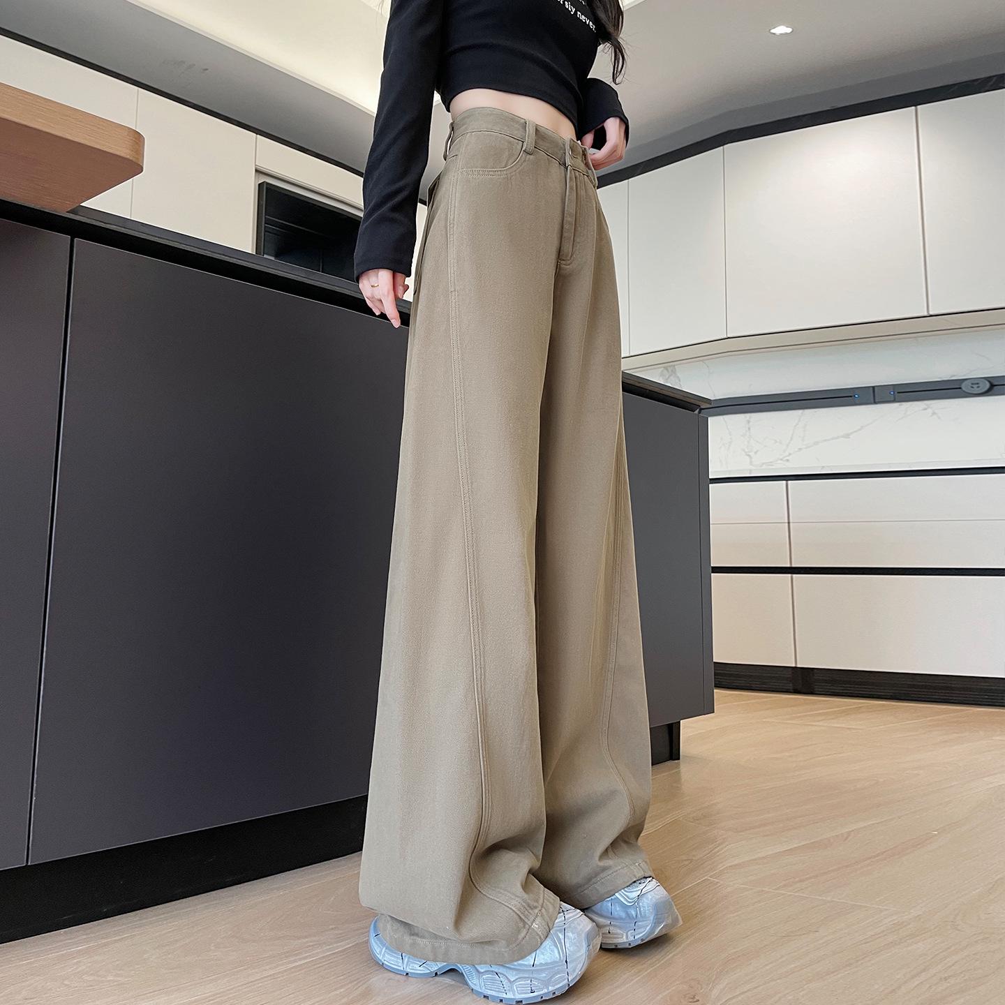 

Women s Khaki High-Waisted Wide-Leg Jeans – New Autumn/Winter Patchwork Style for Pear Shapes Medium