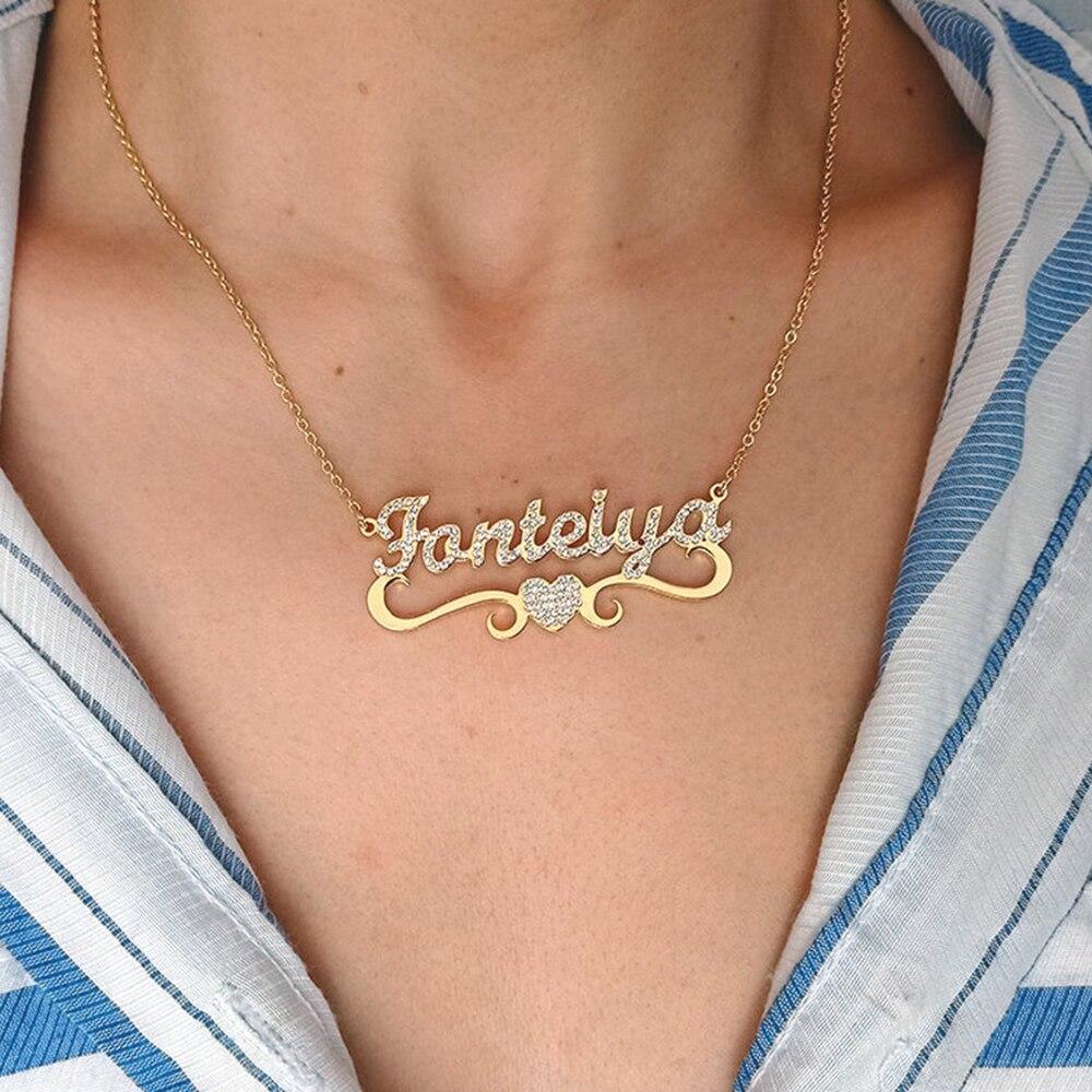 Custom Name Necklaces Women With Heart Personalized Nameplate Gold Tone Stainless Steel Blingbling Pendant Necklaces Jewelry Giveaway GiftTrendy