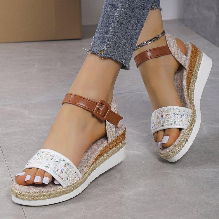 Large size 2025 summer new rubber platform woven one-word buckle sandals size 43 daily casual women's shoes