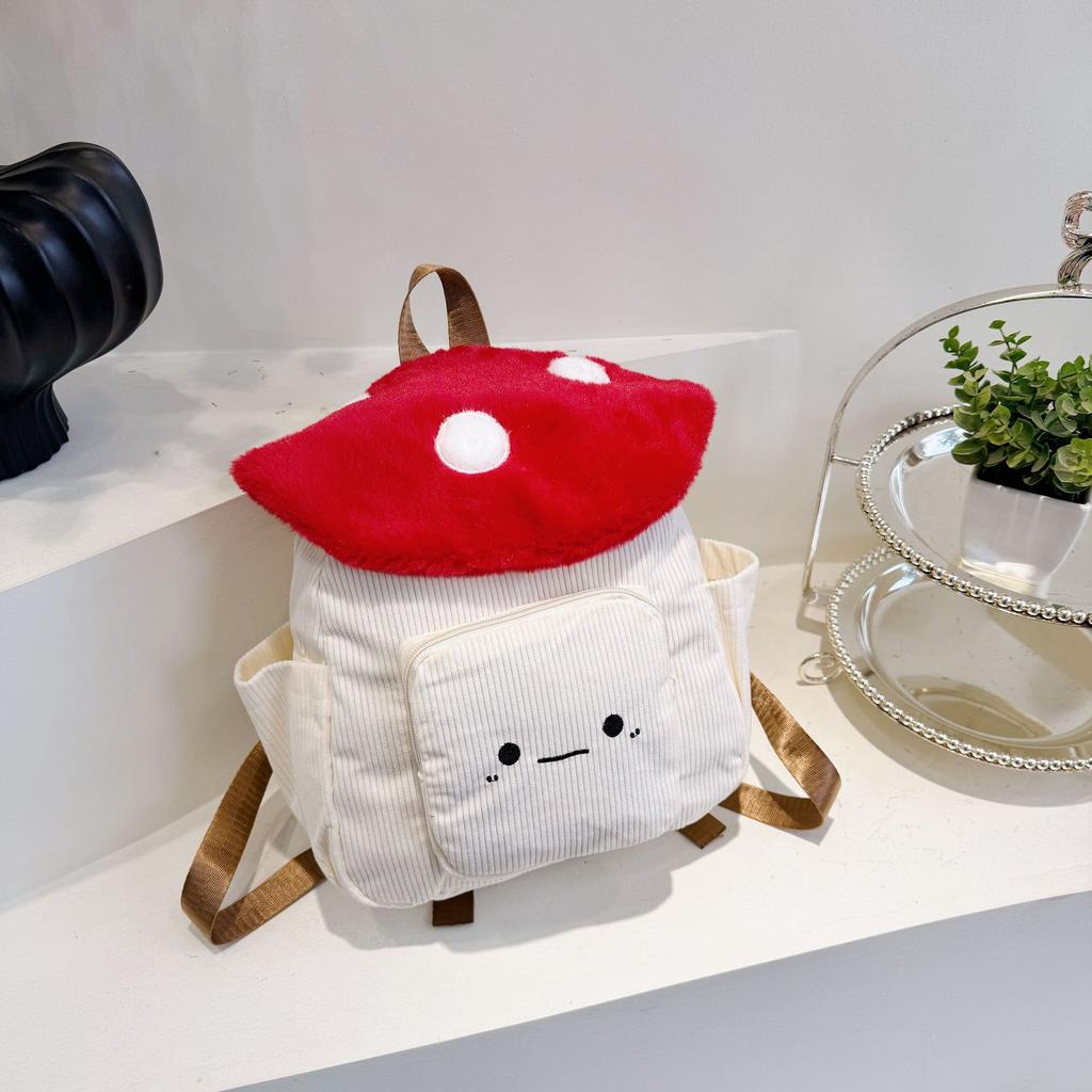 Cute Corduroy Mushroom Backpack Kawaii Cartoon Mini Backpack Soft Stuffed School Bag Travel Daypack Gift for Girls Kids Women