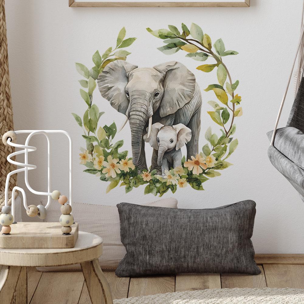Cartoon Parent-child Baby Elephant Flower Grass and Green Leaf Background Beautification and Decoration Wall Stickers