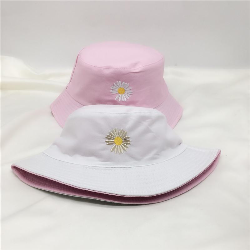 

Summer Women Bucket Fishing Hats Sunscreen Sun Cap Little Daisies Embroidery Double-sided Wear Spring Lady Student Fisherman Hat