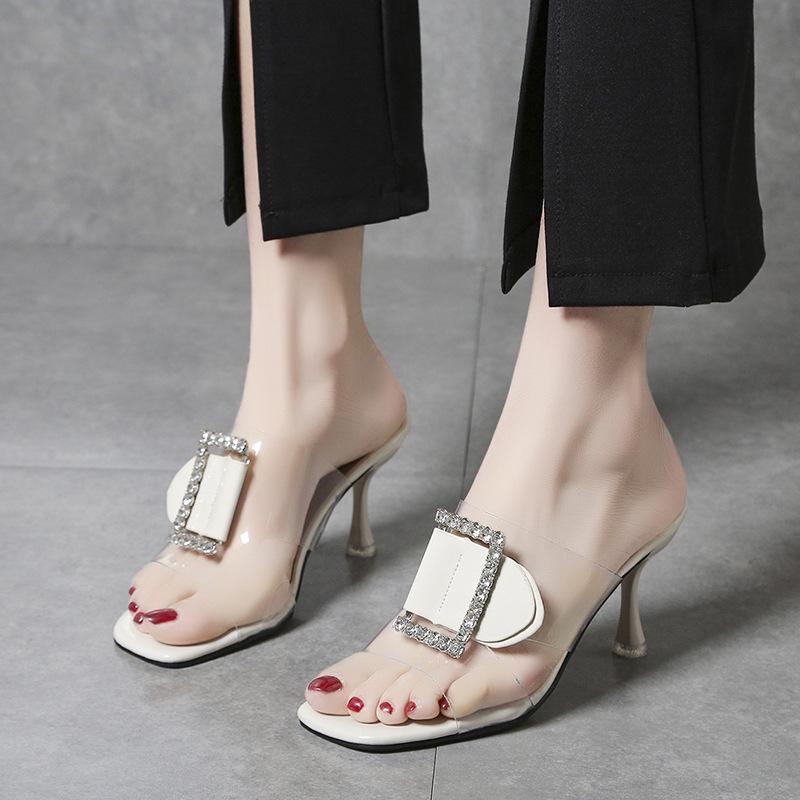 Slipper Woman 2024 New Rhine-diamond Slim Heels Wearing High Heels Transparent One-line Fashion Slippers Female Summer