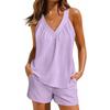 Women Sleeveless V Neck Two Piece Pajama Set With Loose Tank Top And Pocket Shorts For Casual Home Lounge Sleepwear Summer Daily Wear Outfit
