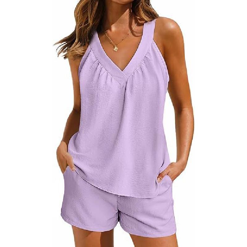 Women Sleeveless V Neck Two Piece Pajama Set With Loose Tank Top And Pocket Shorts For Casual Home Lounge Sleepwear Summer Daily Wear Outfit