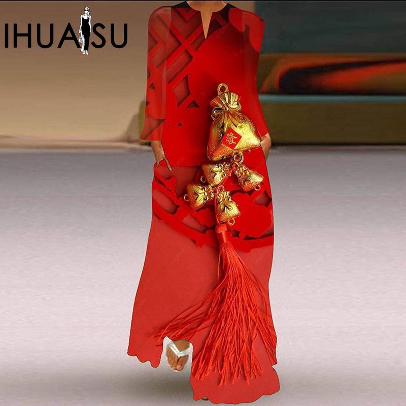 

IHUASU весна/лето женская длинная юбка с v-образным вырезом и длинными рукавами, карманами и принтом, свободное платье