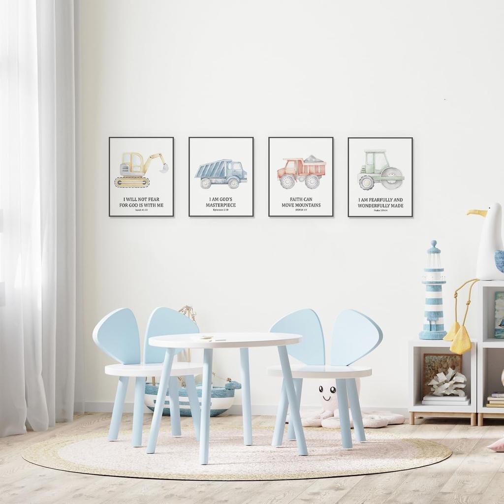 ETVISO Toddler Boy Room Decor Set of 4, Kids Wall Art pirational Bible Verse Wall Decor, Tool Car Poster for Baby Boys Kids Room Bedroom Playroom
