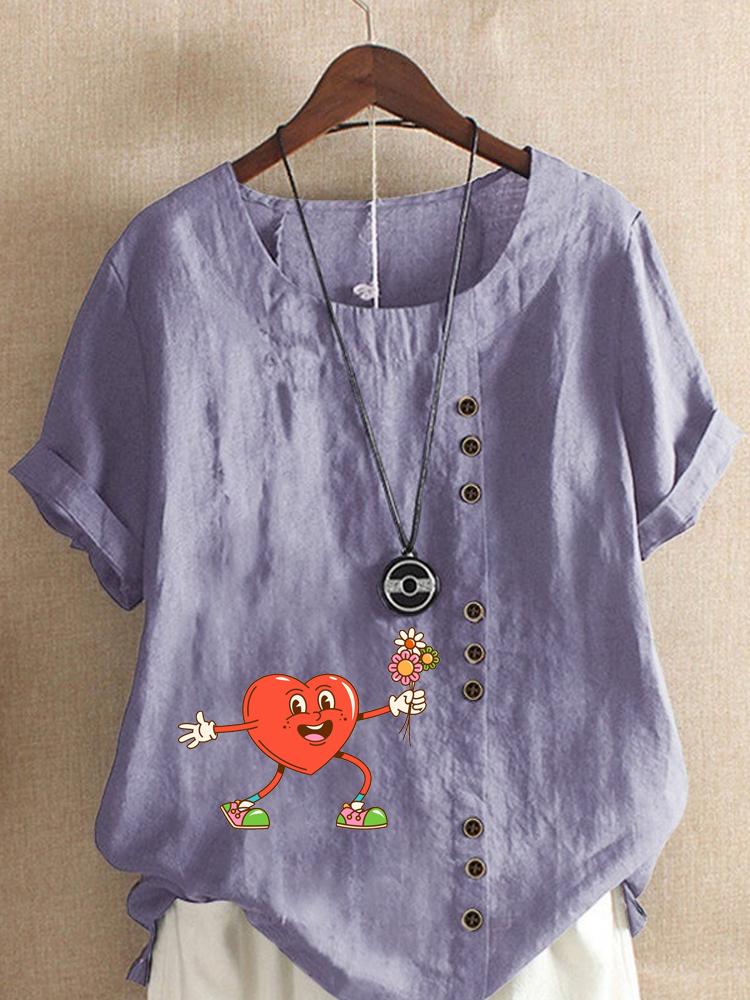 Women's Fashion Heart Shaped Floral Print Round Neck Short Sleeve T-shirt Summer Casual Cotton Linen Graphic Shirt Leisure Loose Blouse Tops