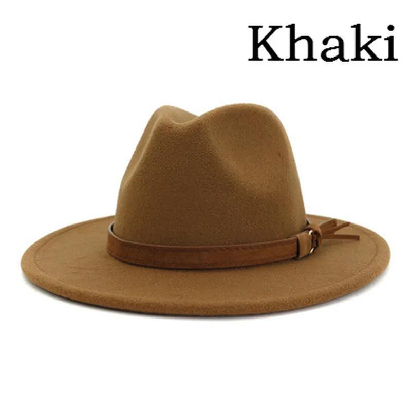 

Унисекс женская мужская шерстяная шляпа с кожаной лентой зима осень широкие поля джазовая церковная кепка хаки