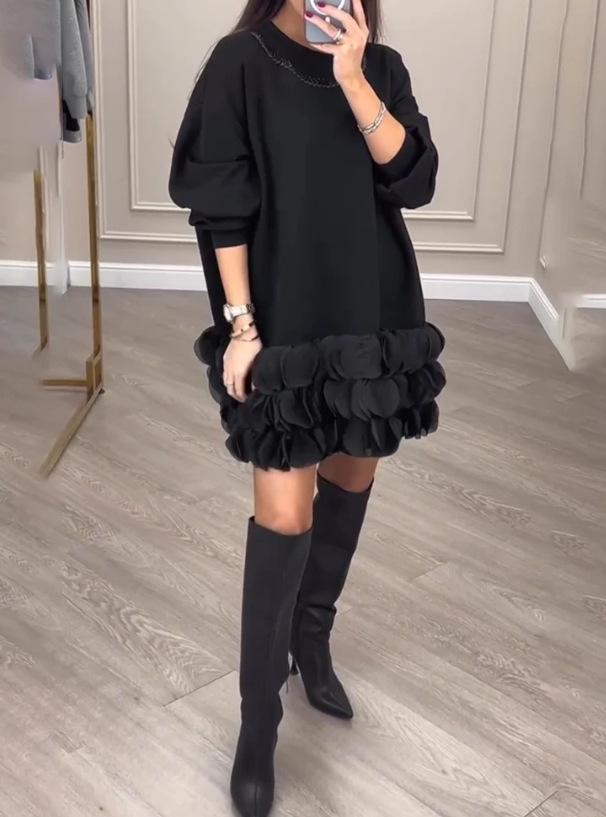 Women's Long Sleeve Round Neck High Waist Elegant Casual Midi Dress Patchwork Ruffle Loose Fit Shift Dress