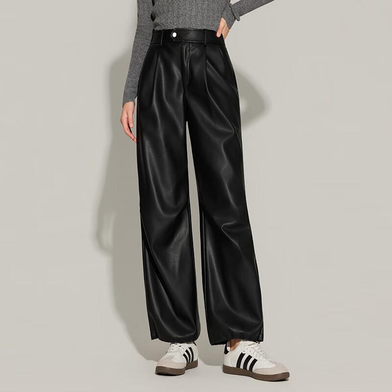 Ta Tu Petite High-Waist Elegant PU Leather Wide-Leg Pants
