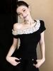 Design sense chic short-sleeved t-shirt women's new summer Korean black thin niche off-the-shoulder slanted shoulder top