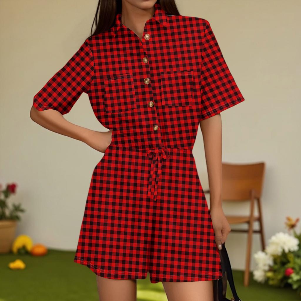 Women's Fashion V-neck Jumpsuit Plaid Casual Short Sleeve Top Jumpsuit