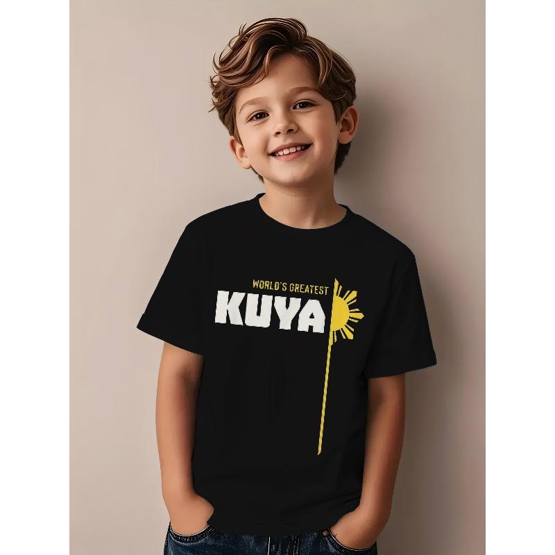 Boys Crew Neck Short Sleeve T-Shirt with KUYA Letter & Sun Pattern Print