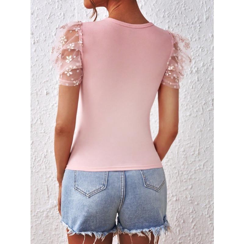 Damenmode, lässig, Sommer, Frühling, einfarbig, bedruckt, kurzärmelig, O-Ausschnitt, Blusen und Hemden